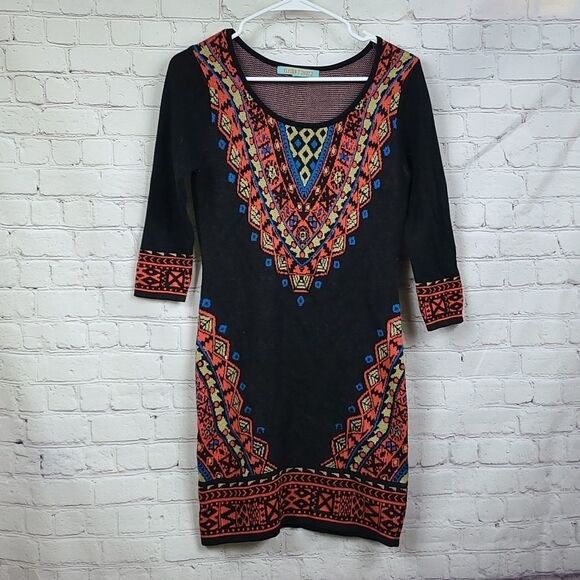 Flying Tomato (S 2/4) Black Tribal Bodycon Beatriz Sweater Dress Anthropologie - Picture 2 of 6